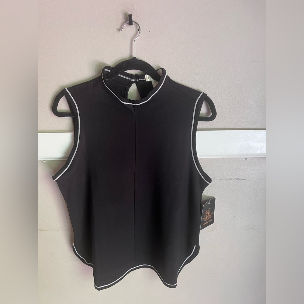 Mock Neck Sleeveless Tank with Contrast Piping - Black